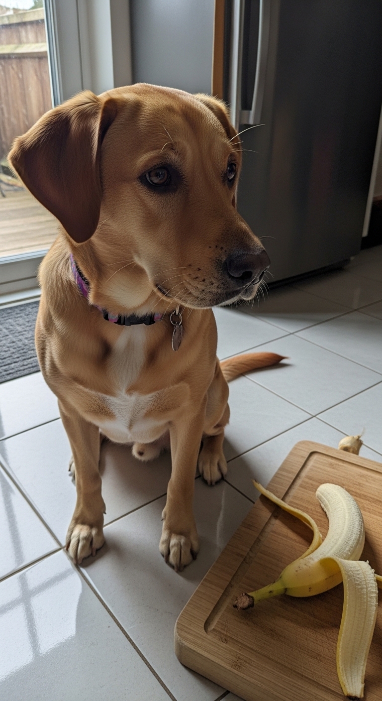 A dog sitting on the floor with a banana in front of it.