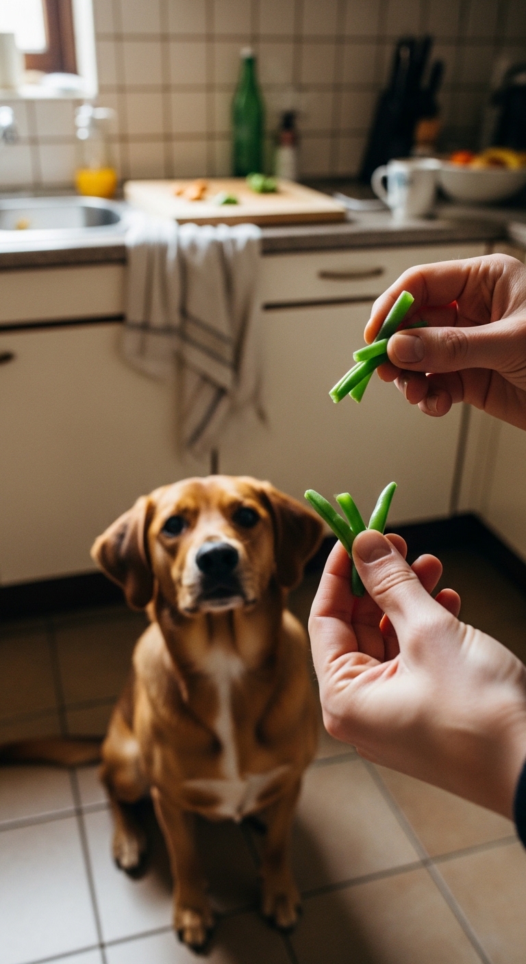 A dog is looking at a person holding a bean.