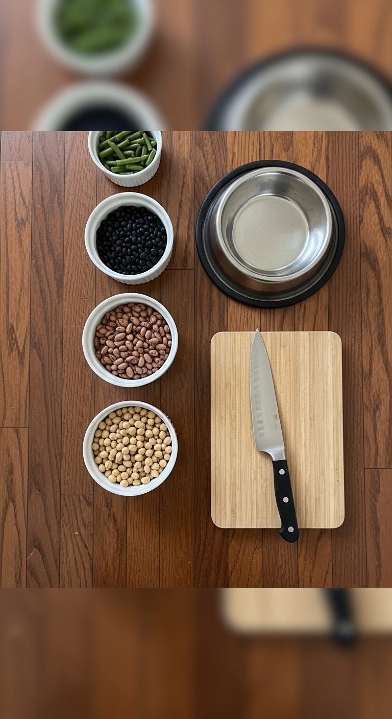 A knife and a bowl of beans on a table.