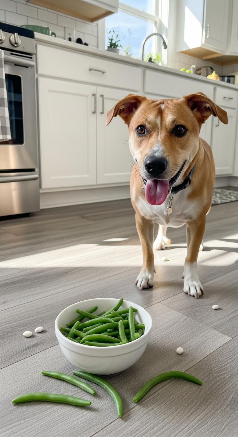 A dog is standing in front of a bowl of green beans.