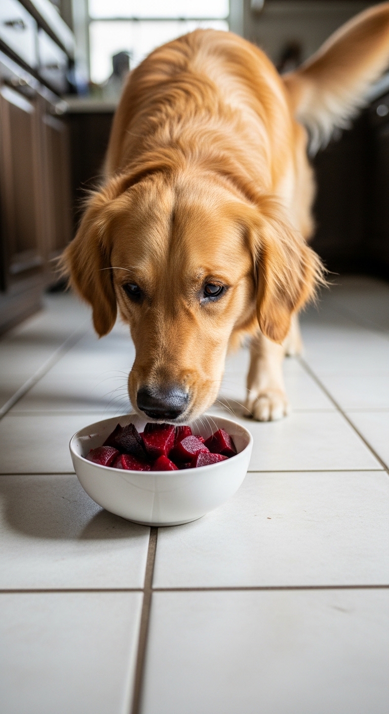 A dog eating beets from a bowl.