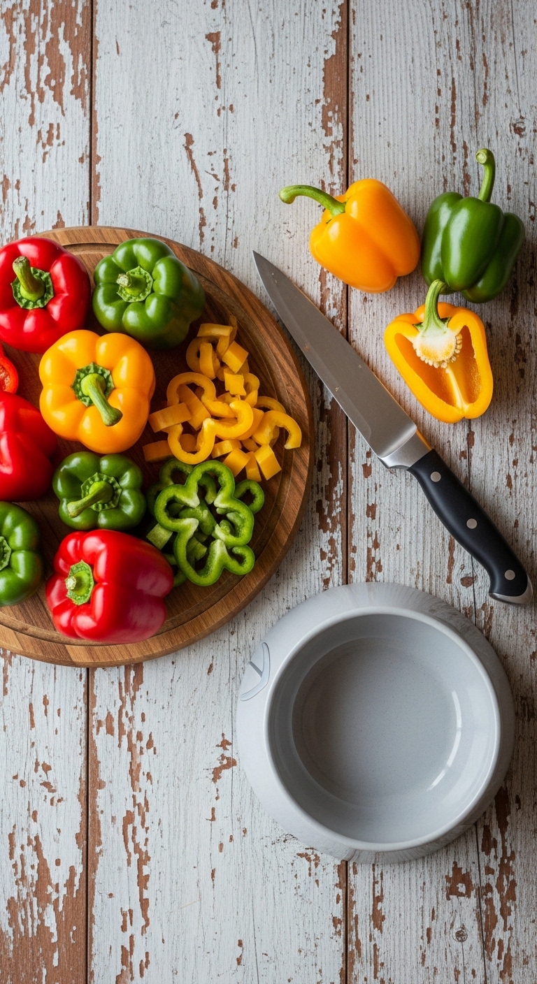 A knife is on a cutting board with peppers and a bowl.