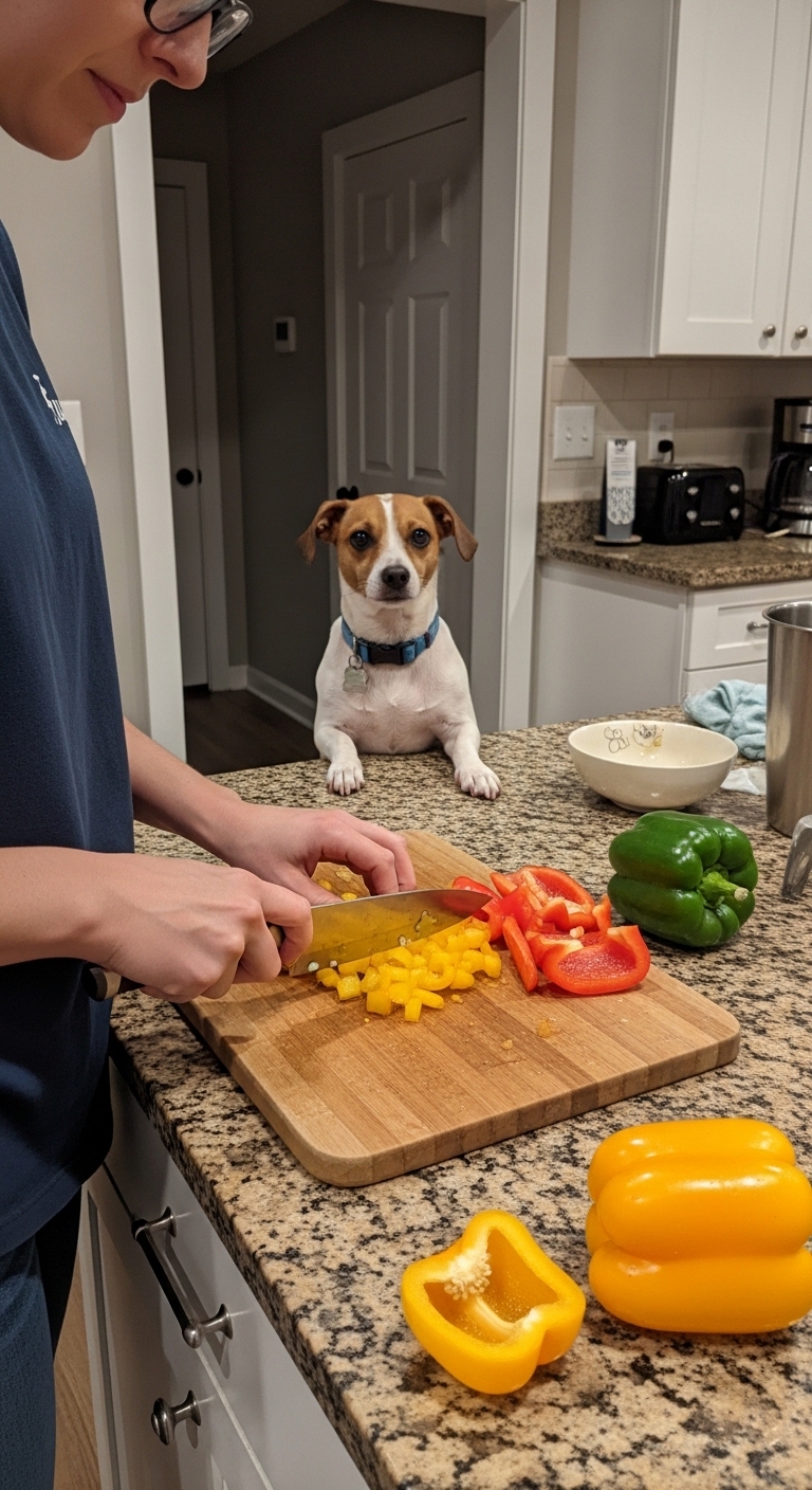 A dog is looking over a counter at a person cutting peppers.