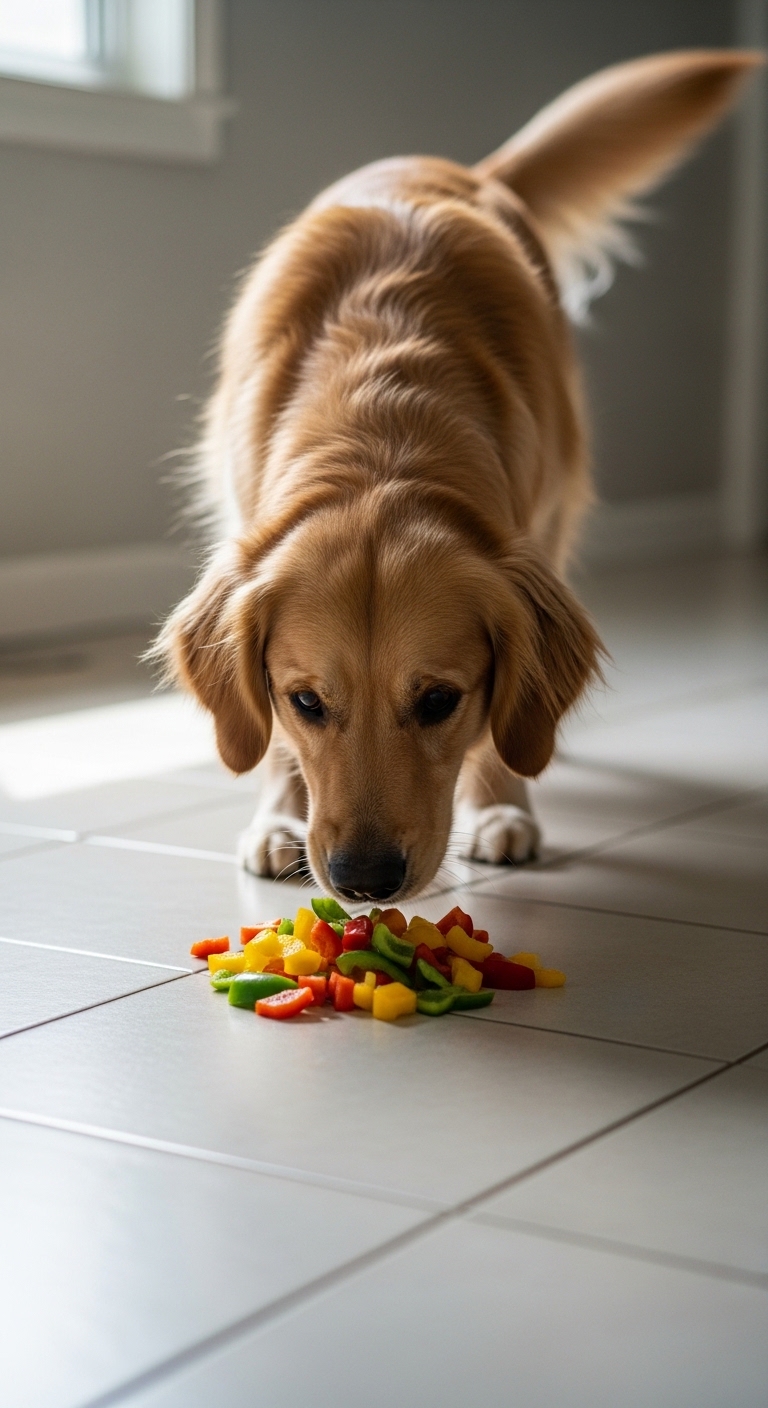 A dog eating bell peppers.