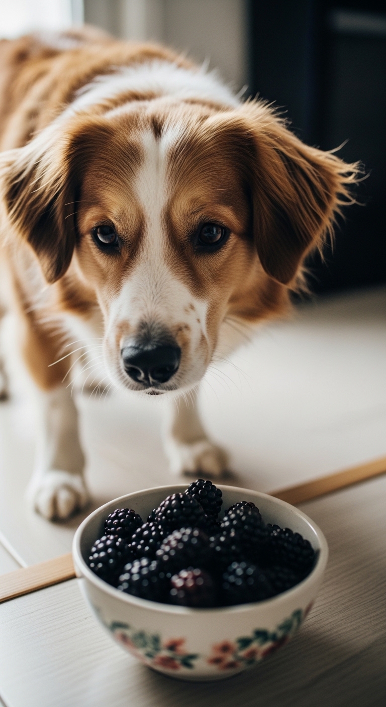A dog eating blackberries from a bowl.