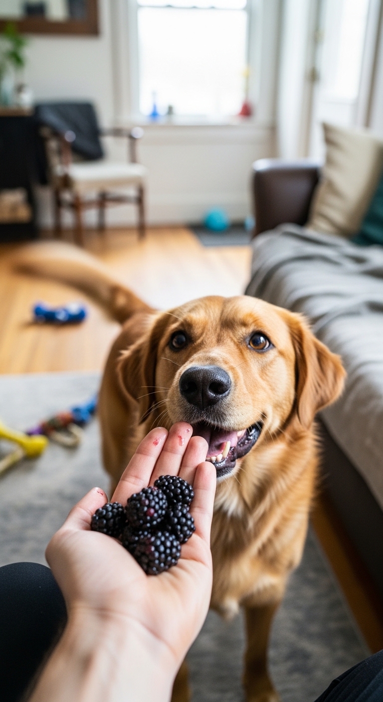 A dog eating blackberries.