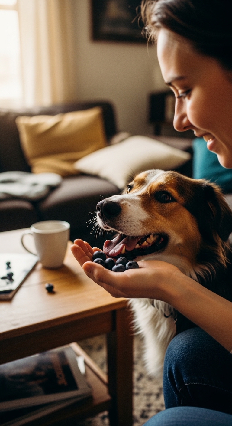 A woman holding a dog with blueberries in its mouth.