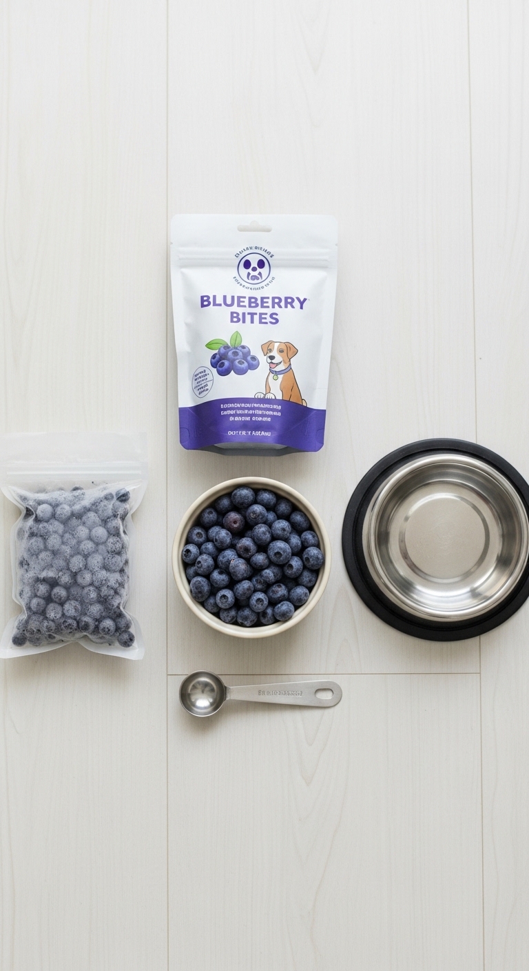 A bowl of blueberries next to a bag of blueberry bites.