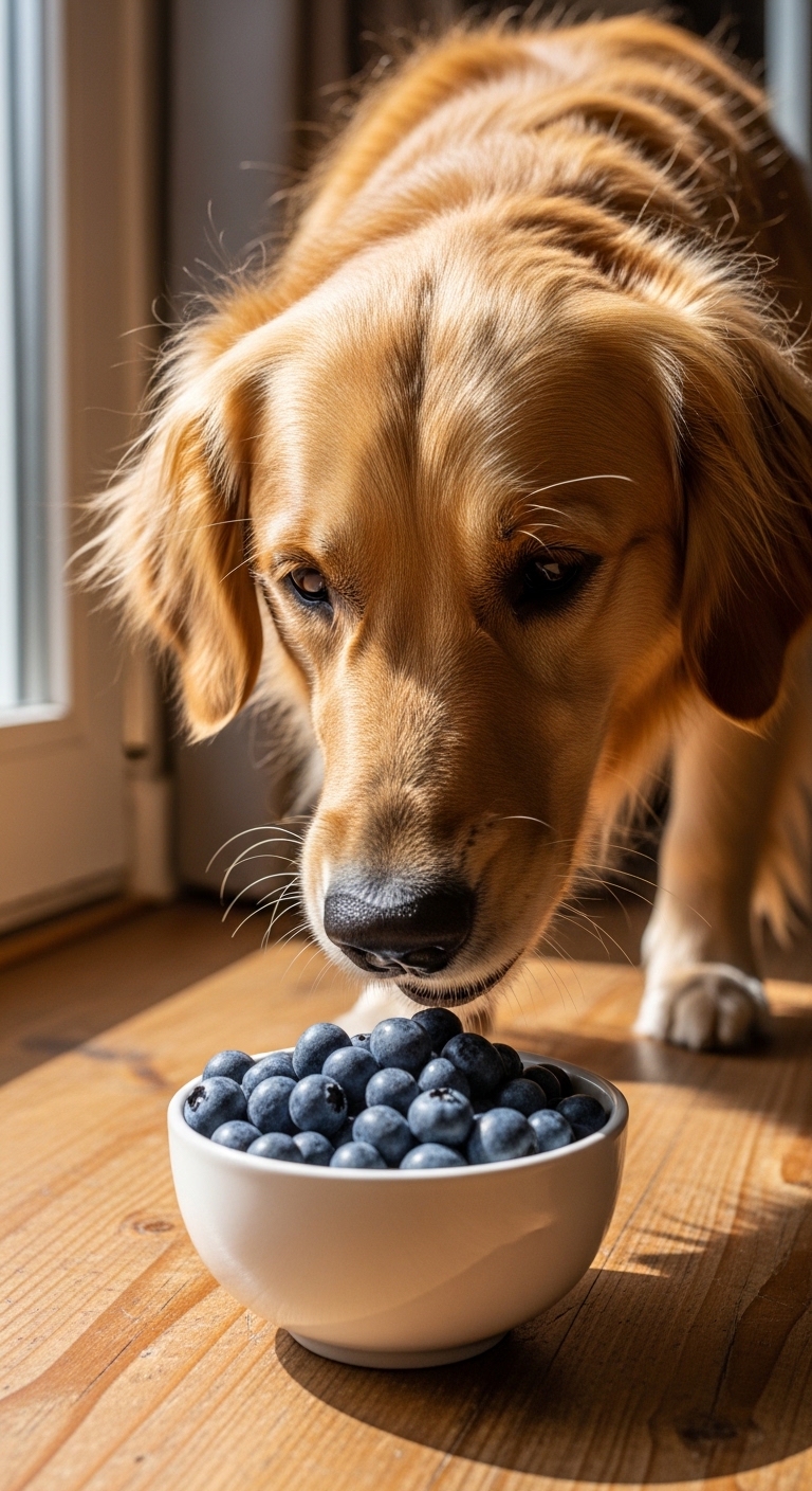 A dog eating blueberries.