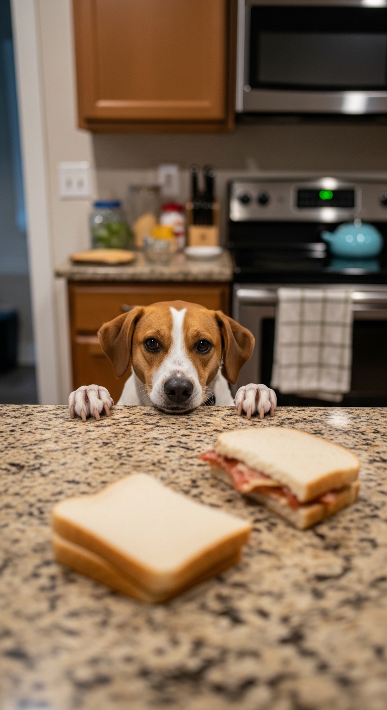 A dog is looking at a sandwich on a table.