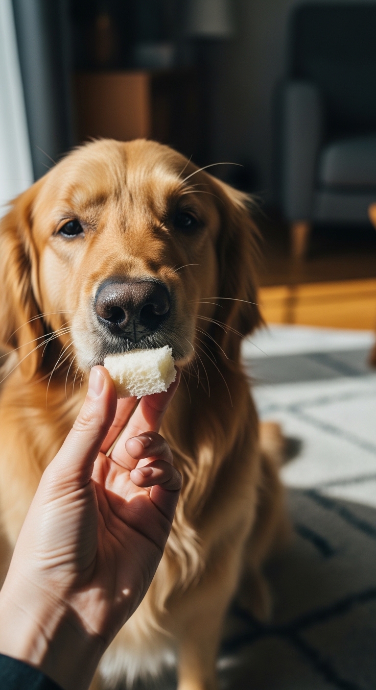 A dog eating a piece of bread.
