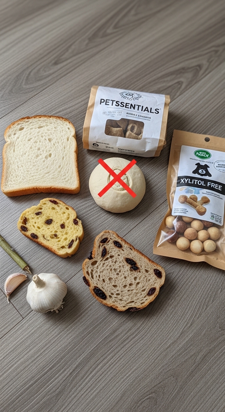 A bag of dog food and a loaf of bread on a table.