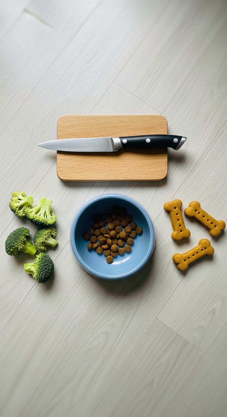 A knife, a bowl of dog food, and broccoli are on a table.