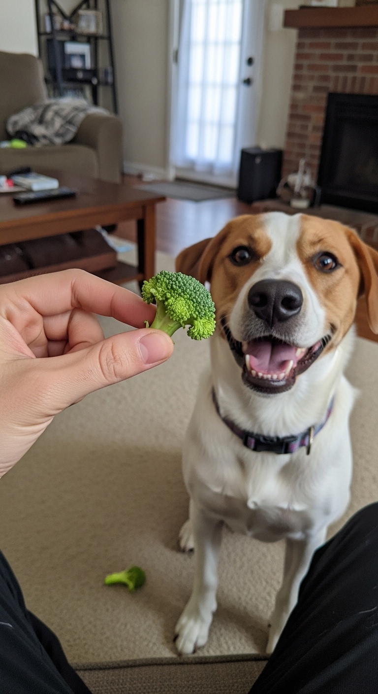 A dog is smiling and looking at a piece of broccoli.
