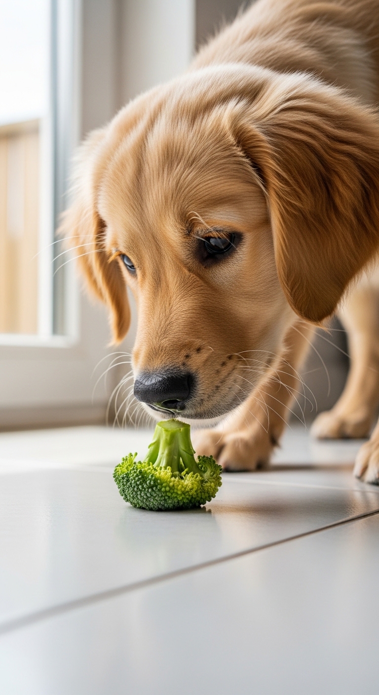 A dog eating broccoli.