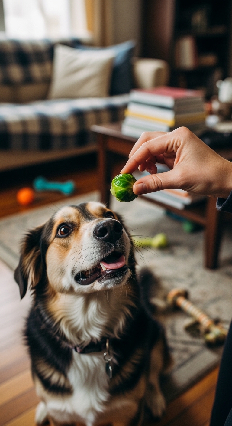A dog eating a brussel sprout.