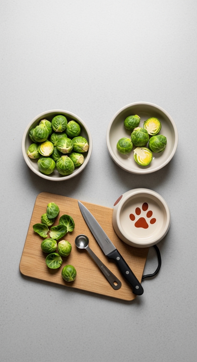 A knife and a bowl of Brussel sprouts on a cutting board.
