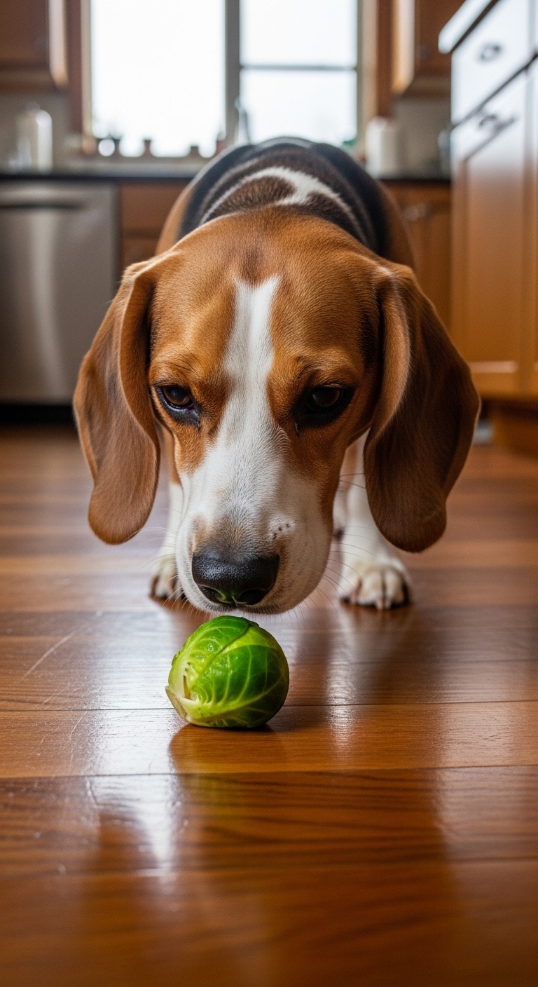 A dog eating a brussel sprout.