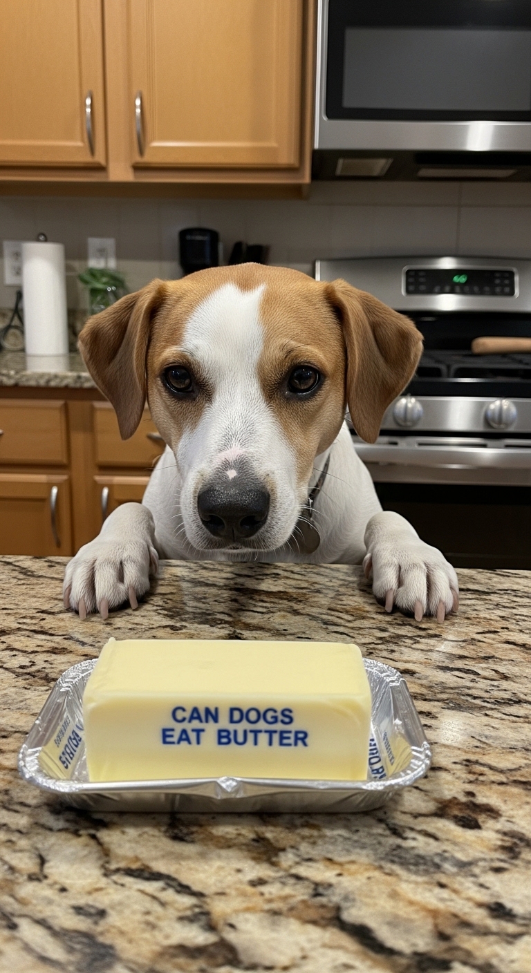 A dog standing on a counter with a butter dish in front of it.