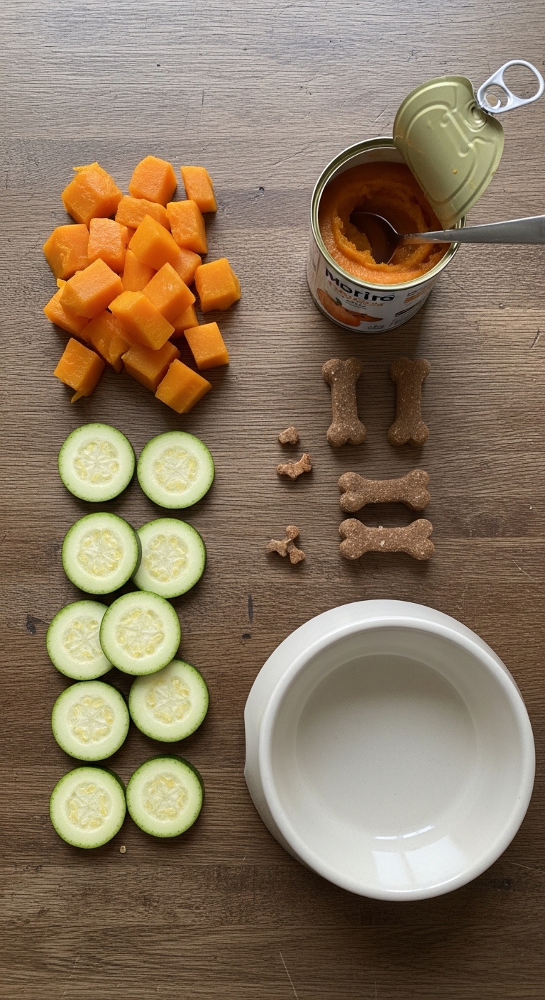 A white plate with a can of dog food and a bowl of cut up vegetables.
