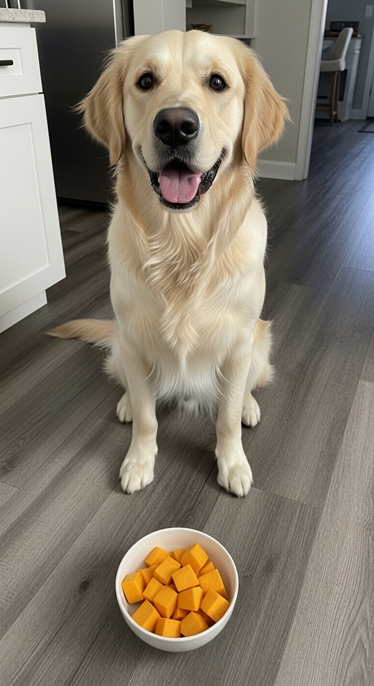A dog is sitting on the floor with a cup in front of it.