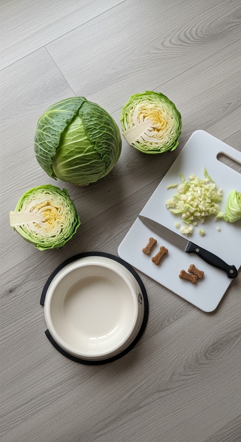 A white cutting board with a knife and a bowl of cabbage.