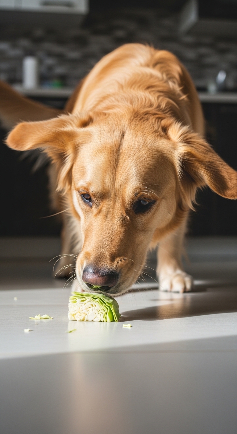 A dog eating cabbage.