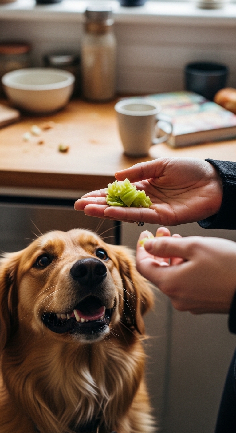 A person is feeding a dog a piece of cabbage.