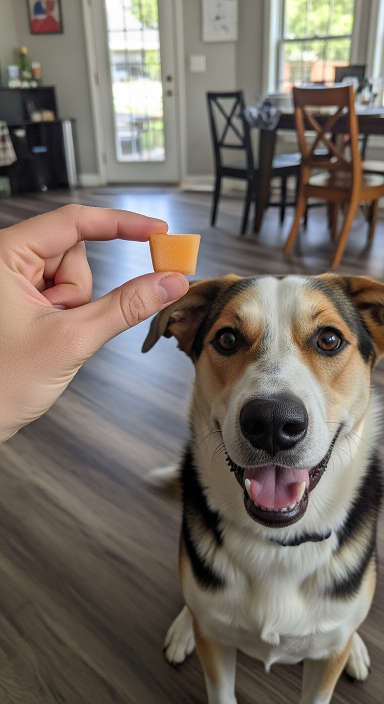 A dog is smiling at a cantaloupe.