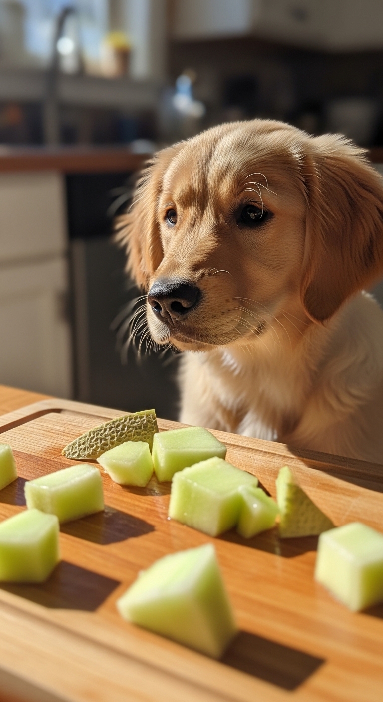 A dog is looking at a plate of cantaloupe.