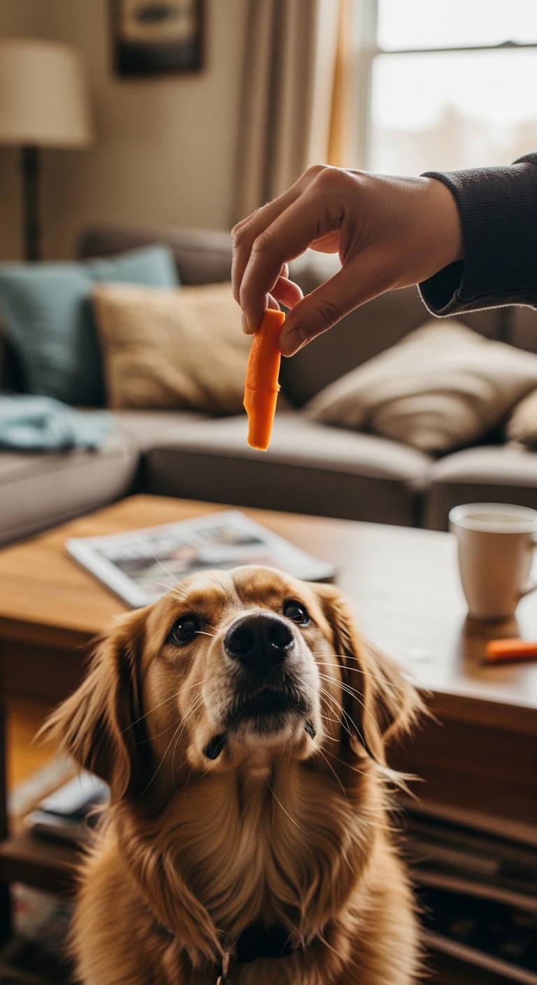 A dog is eating a carrot.