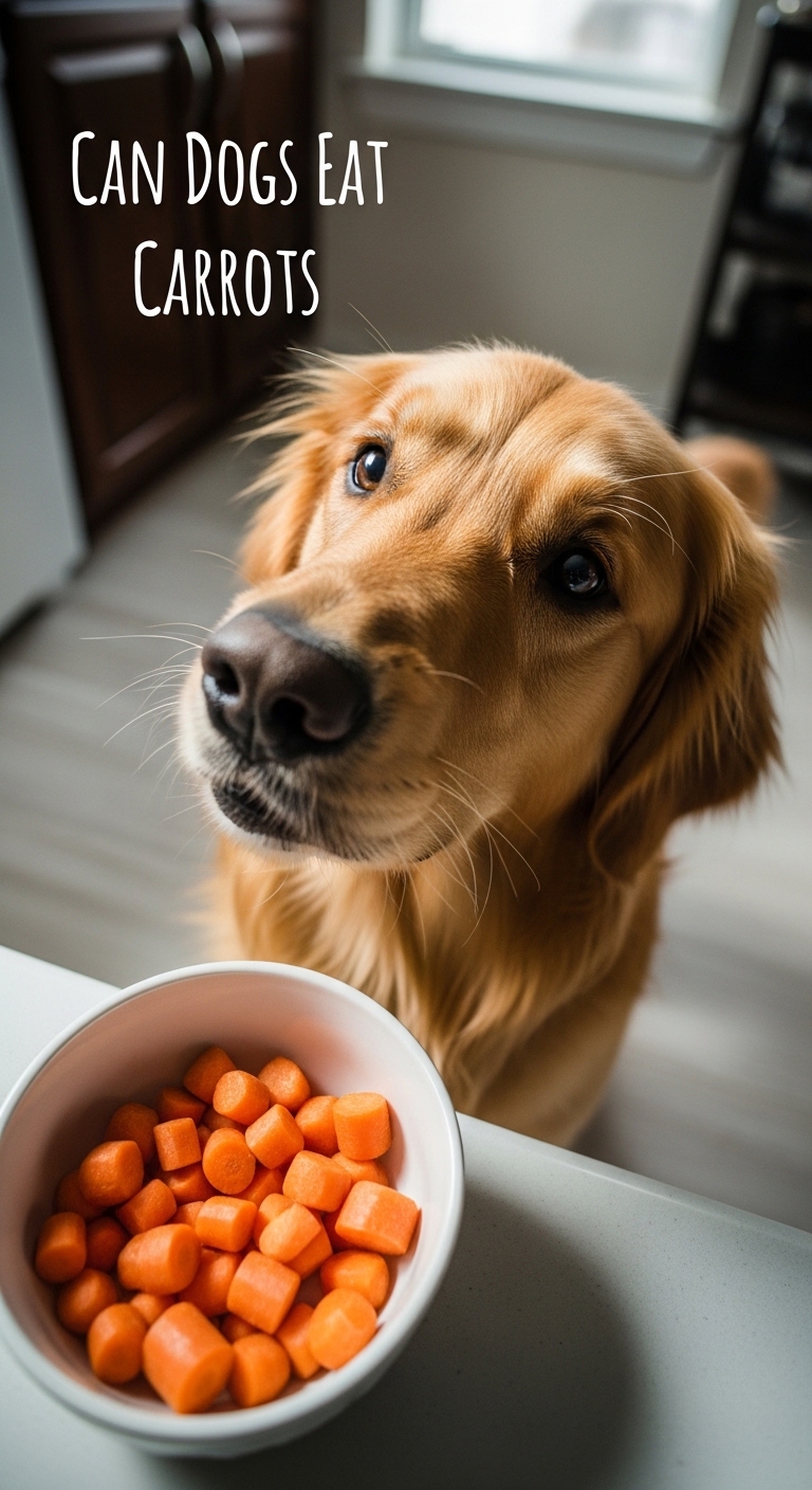 A dog looking at a bowl of carrots.