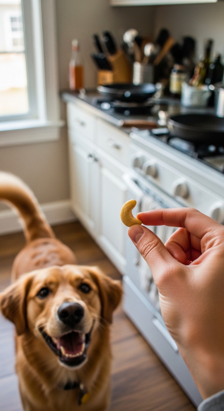 A person is feeding a dog a cashew.