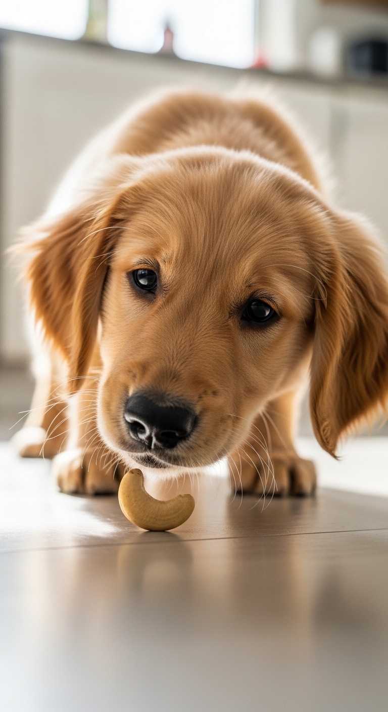 A dog eating a cashew.