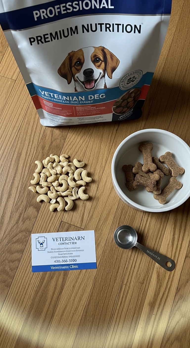 A bowl of dog treats sits next to a bag of dog food.