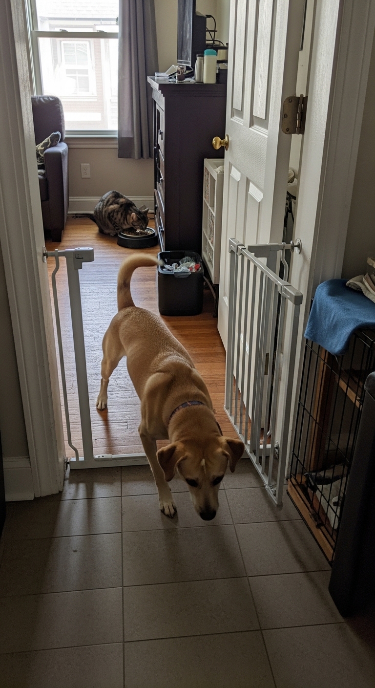 A dog is eating cat food.
