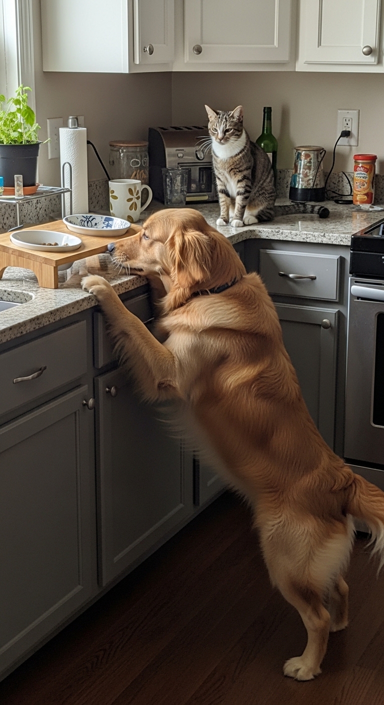 A dog is eating food from a bowl on a counter.