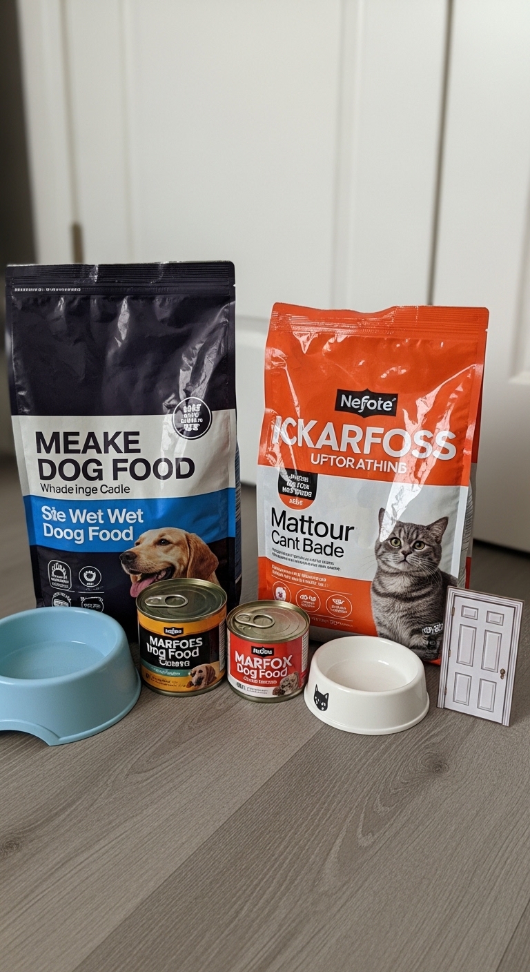 A can of dog food and a can of cat food are next to each other.