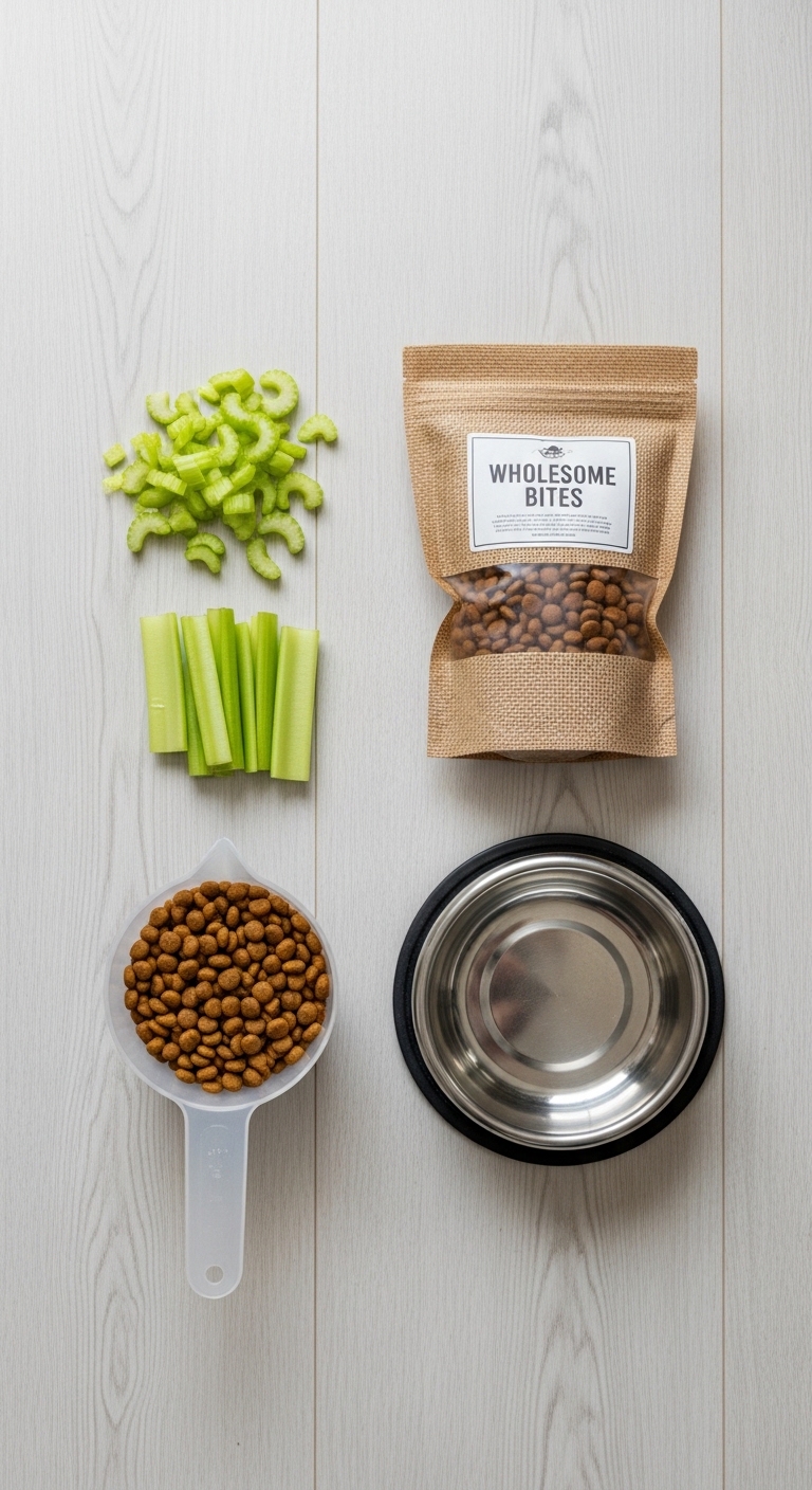 A bowl of dog food next to a bag of dog food.