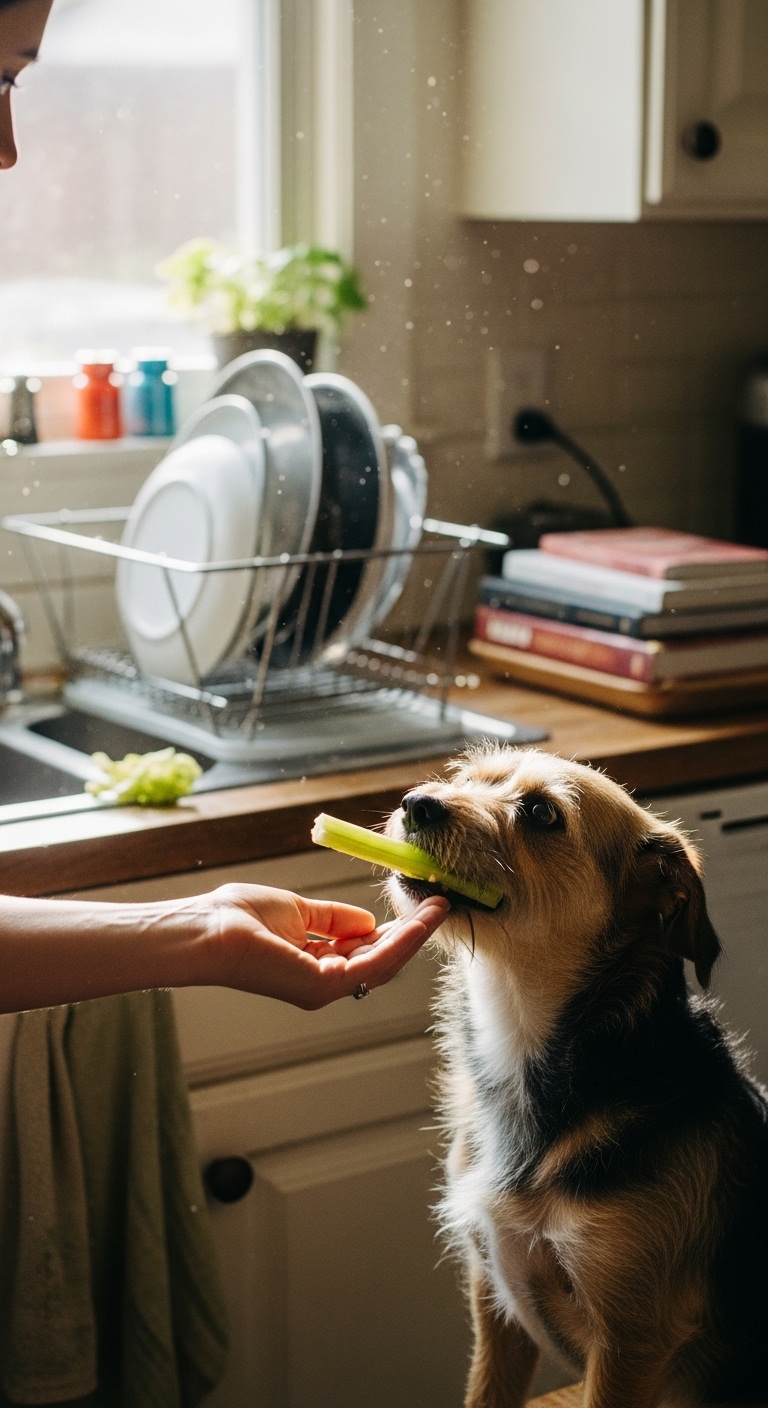 A person is feeding a dog a piece of celery.