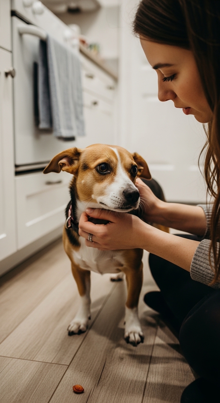 A woman is petting a dog.