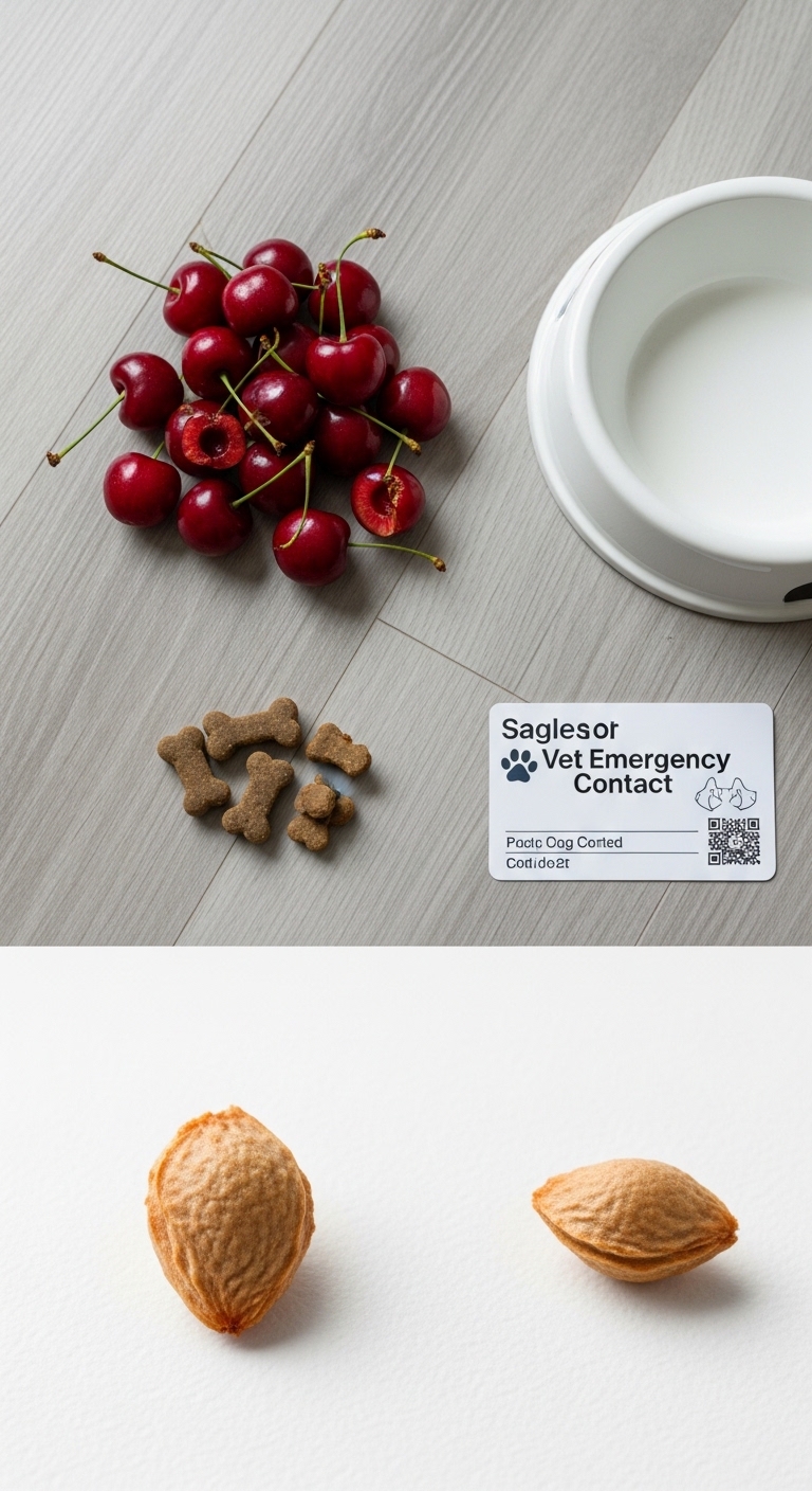 A dog's food and a bowl of cherries.