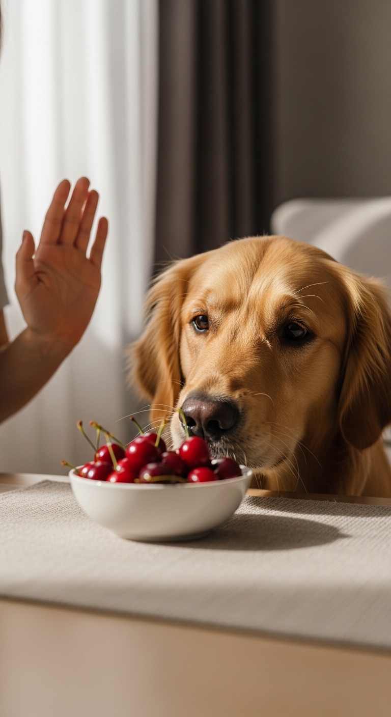 A dog eating cherries from a bowl.