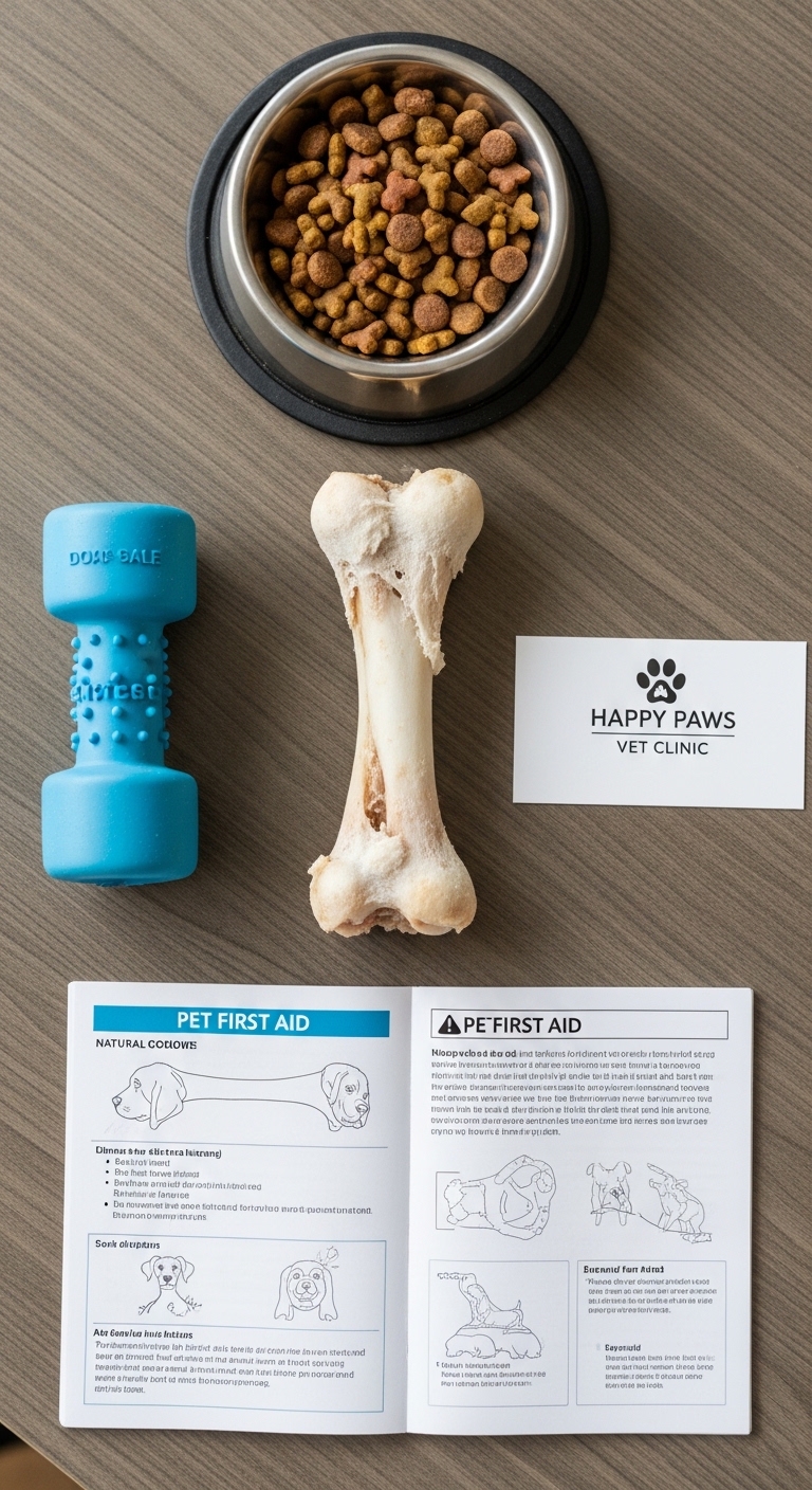 A dog bone and a blue exercise ball on a table.