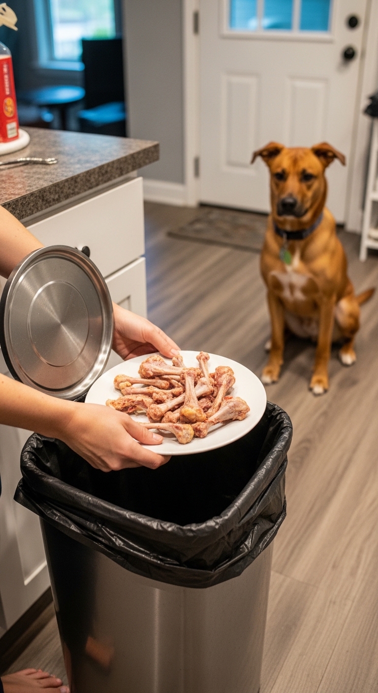 A person holding a plate with chicken bones in front of a dog.