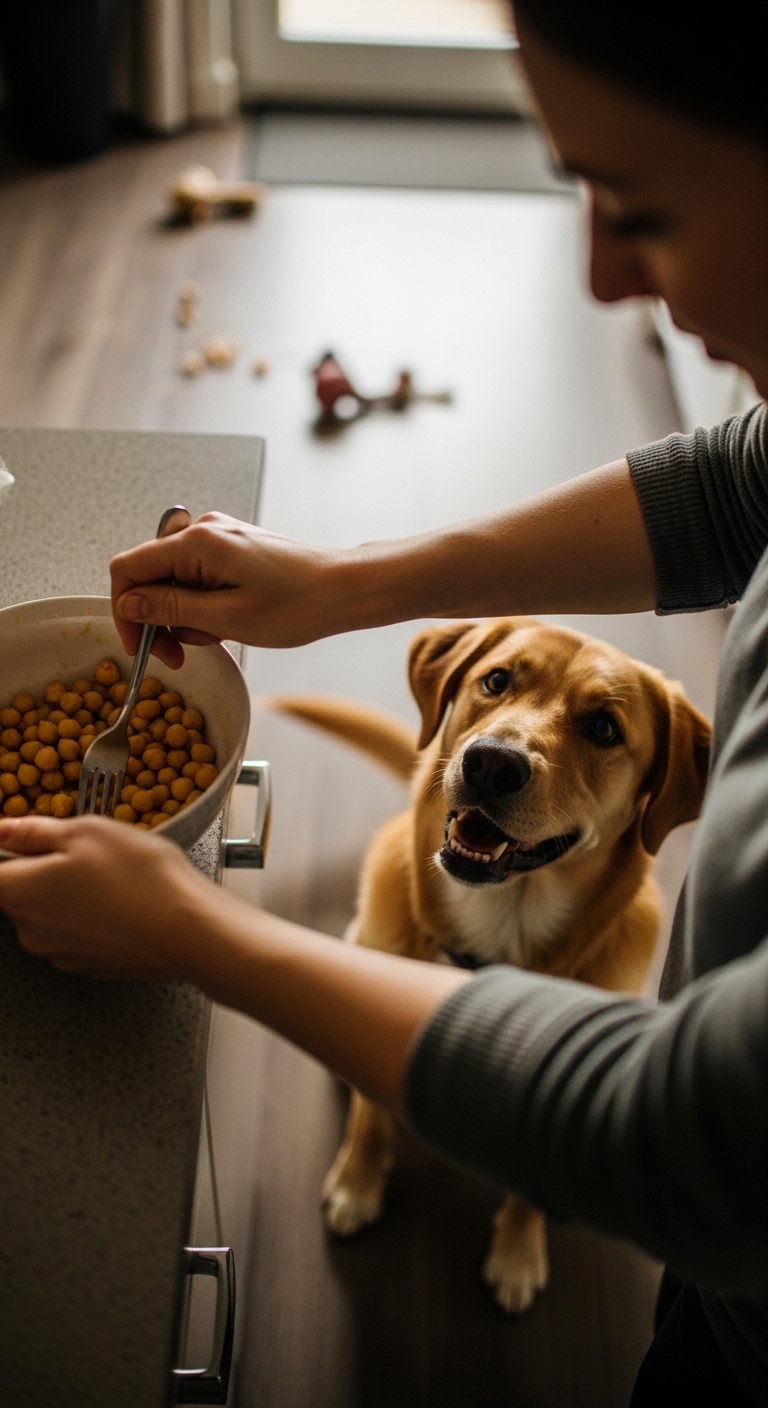 A dog is looking at a bowl of chickpeas.