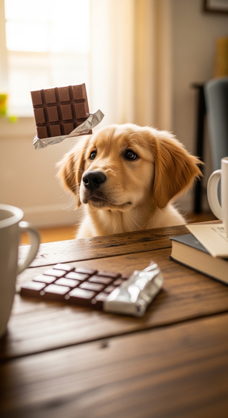 A dog looks at a piece of chocolate.