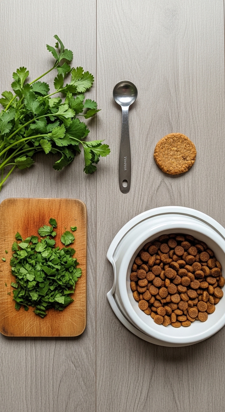 A bowl of dog food sits next to a cutting board with cilantro on it.