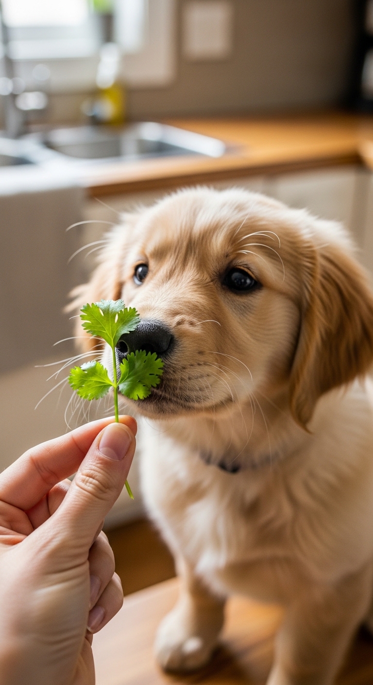 A dog sniffs a green herb.