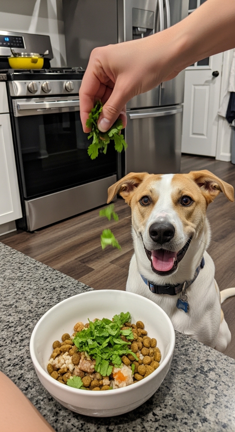 A dog is eating cilantro from a bowl.